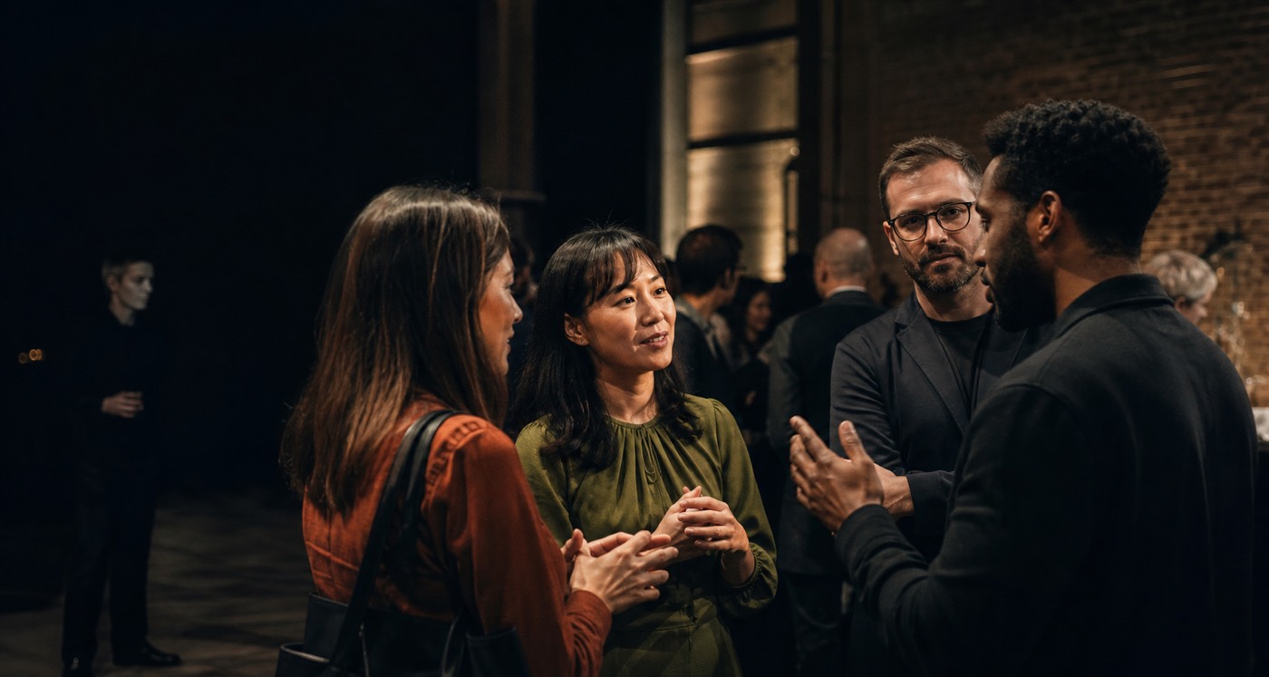 Four people in conversation at an evening event, lit warmly against a dark room